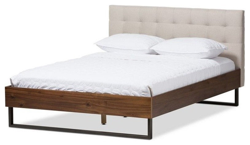 Mitchell Walnut Wood Beige Fabric Dark Bronze Metal King Platform Bed