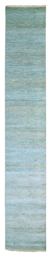 Blue Hand Knotted Dyed Wool and Silk Grass Design XL Runner Rug  2'6"x16'3"