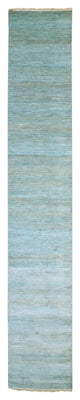 Blue Hand Knotted Dyed Wool and Silk Grass Design XL Runner Rug  2'6"x16'3"