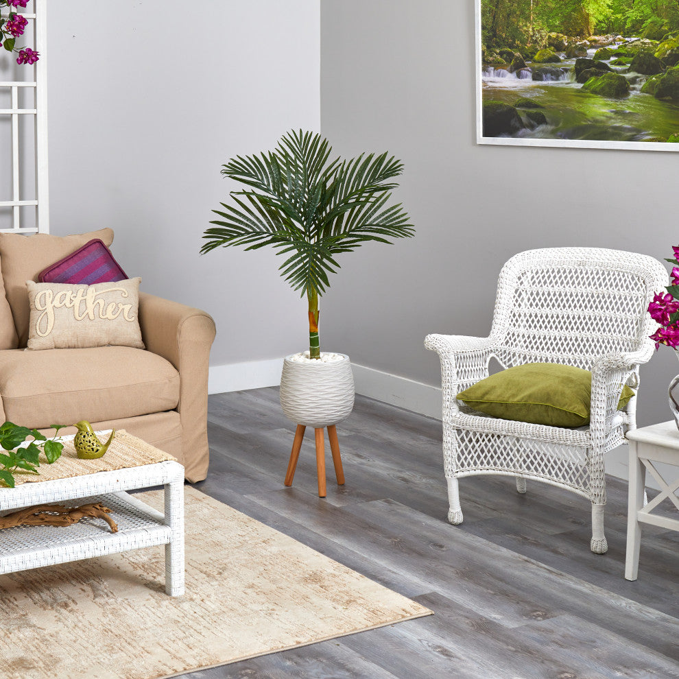 4.5' Golden Cane Artificial Palm Tree, White Planter With Stand