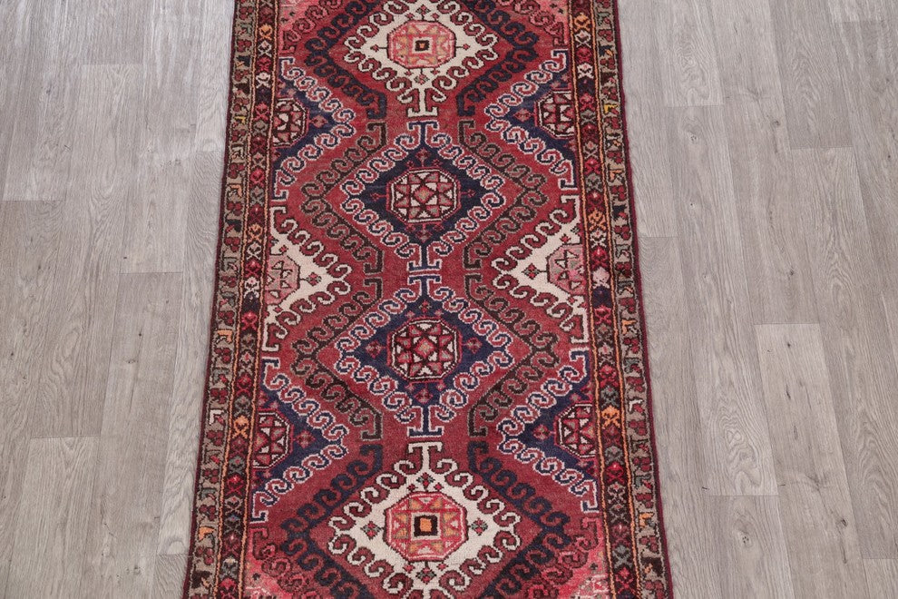 Consigned, Vintage Handmade Persian Oriental Low Pile Carpet, Red, 9'6"X3'2"