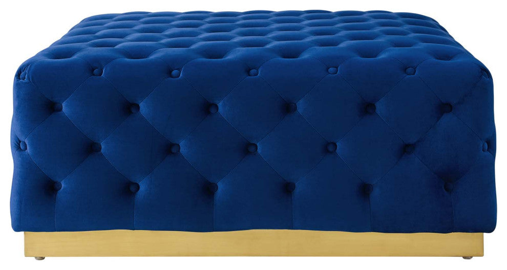 Tufted Accent Chair Ottoman, Square, Velvet, Blue Navy, Modern, Lounge