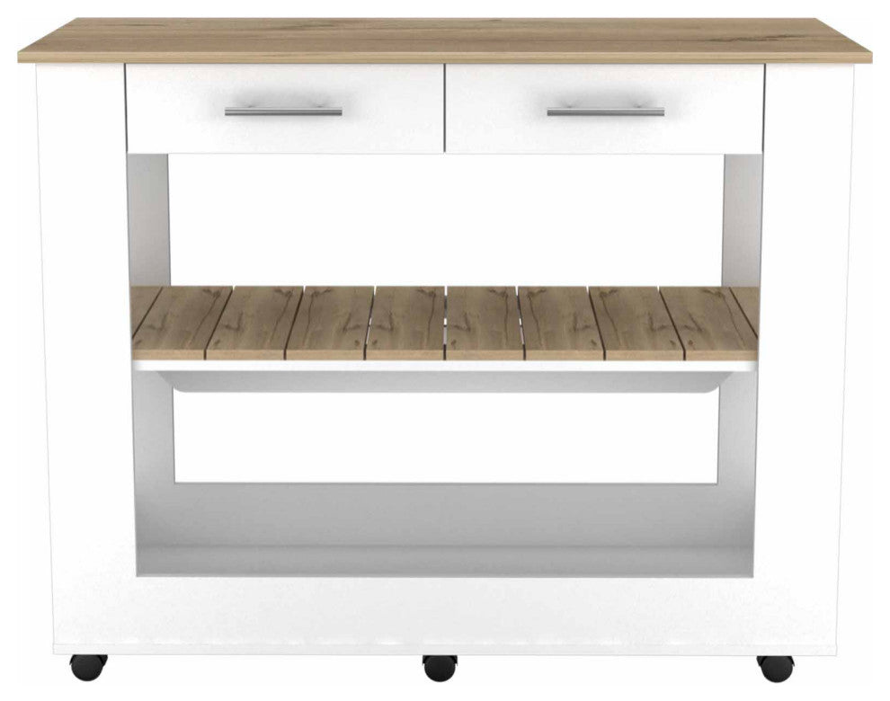 Brooklyn 80 Light Oak Accented Kitchen Island, with shelves and drawers - White