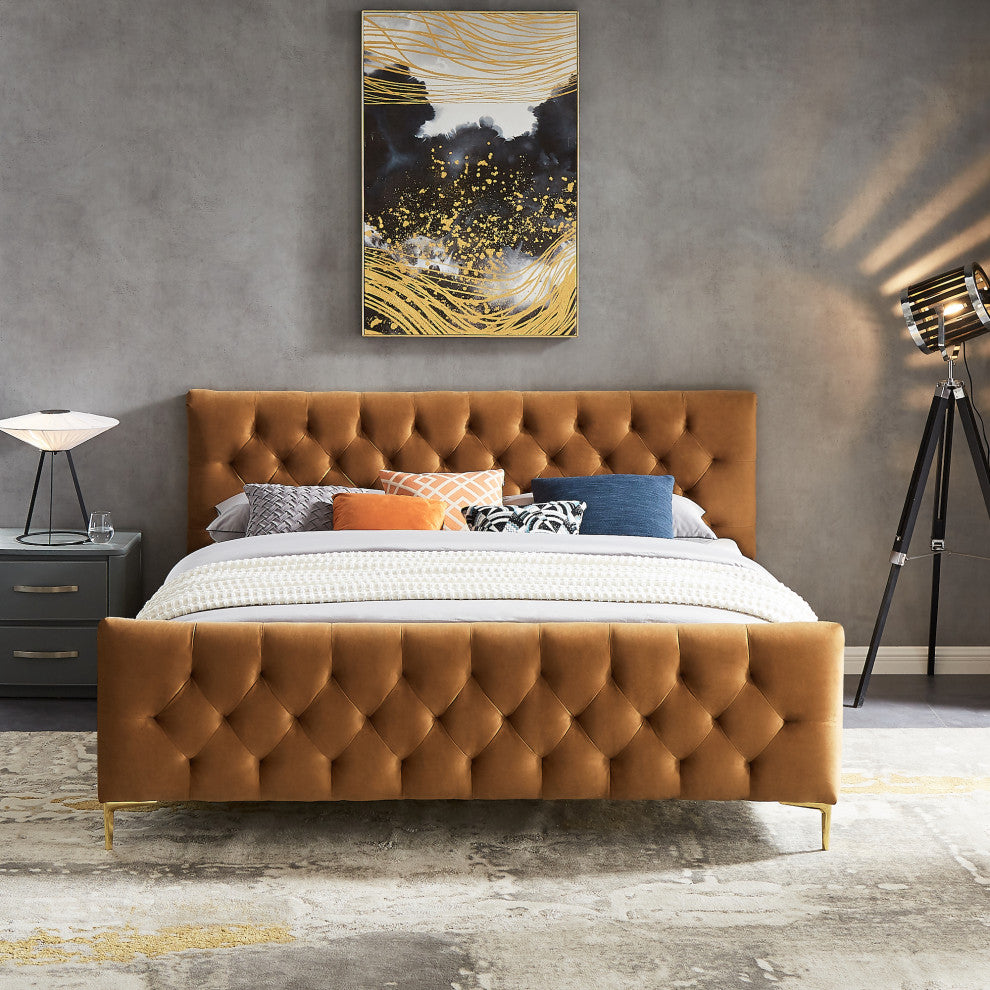 Beverly Mid-Century Modern Tufted Velvet Platform Bed, King