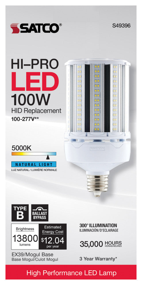100W LED HID Replacement, 5000K, Extended Mogul Base, Type B Ballast Bypass