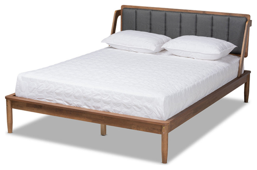 Helsa Dark Gray Fabric Upholstered And Walnut Finished Queen Size Platform Bed