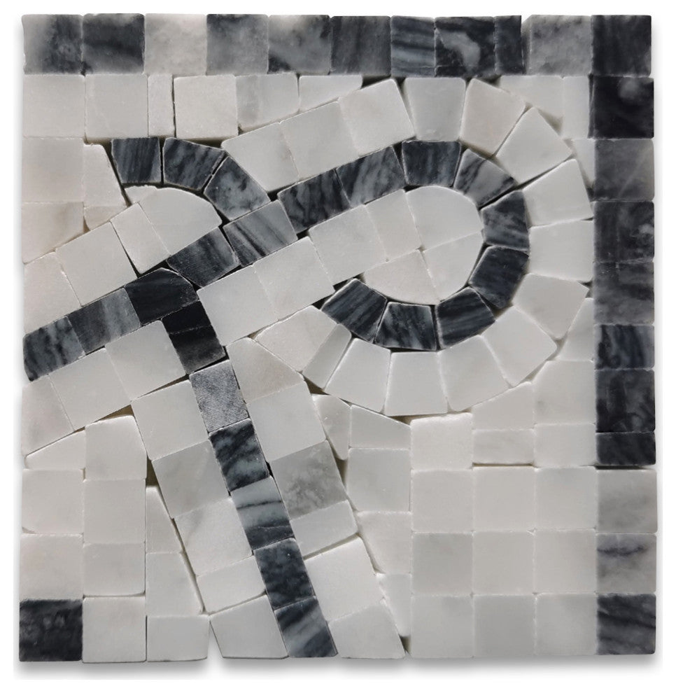 Stretch Bardiglio 4x4 Marble Mosaic Border Corner Tile Polished, 1 piece