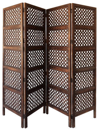 Benzara BM01876 4 Panel Mango Wood Room Divider, Circular Cutout Design, Brown