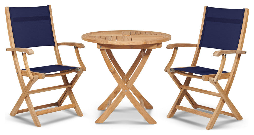 Stella 3-Piece Round Teak Outdoor Bistro Set in Blue with Folding Table
