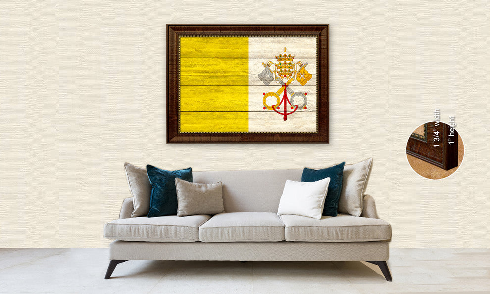 Vatican City Country Textured Flag Print With Brown Gold Frame, 15"X21"