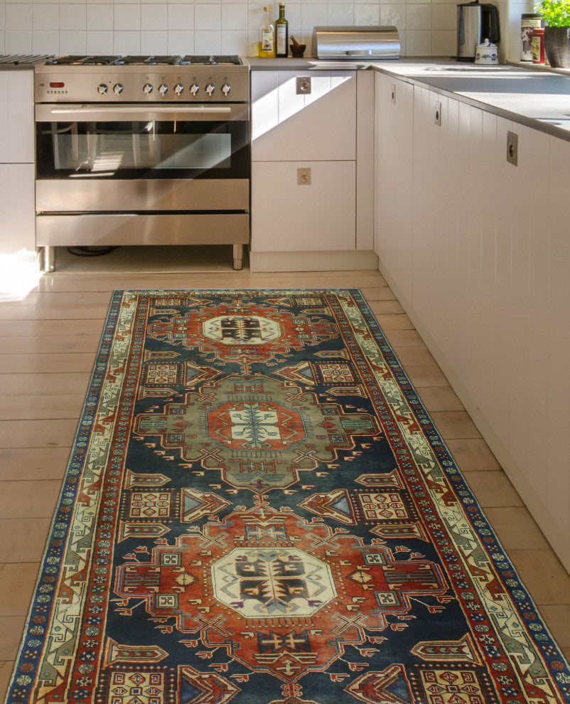 Semi-Antique Borden Navy/Rust Runner, 4'10x10'1