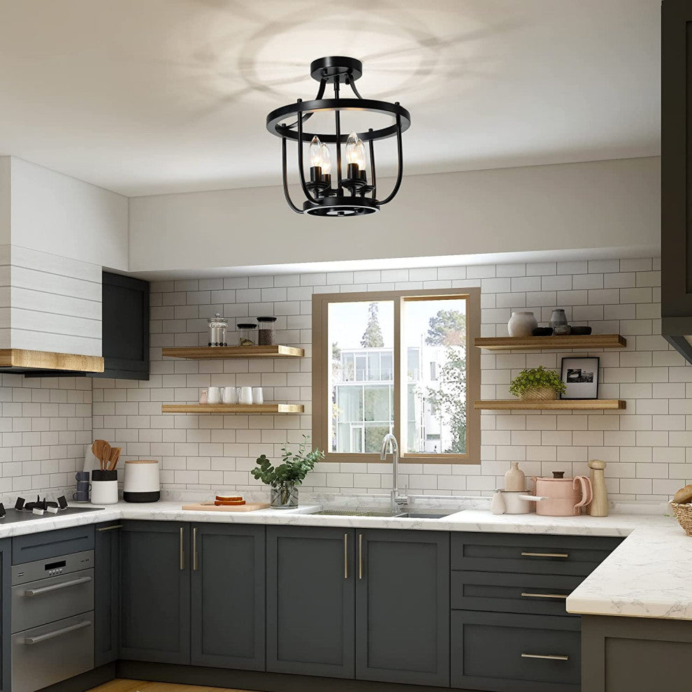 4 Light Semi Flush Mount Ceiling Lighting Fixture Farmhouse Black Cage Ceiling