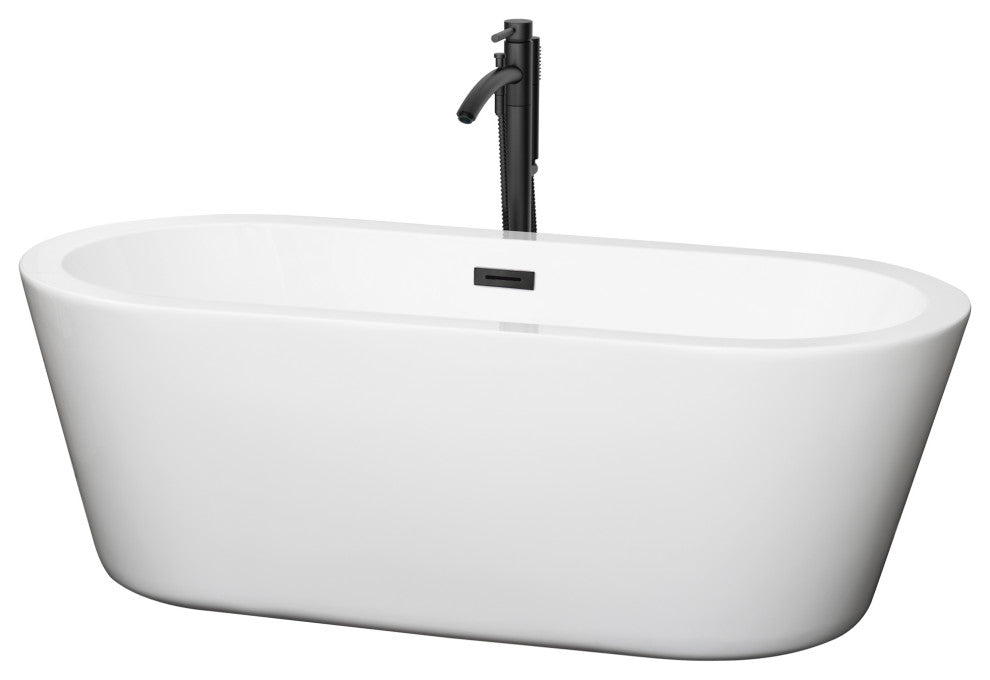 67" Freestanding Bathtub, White, Floor Mounted Faucet, Drain, Trim, Black