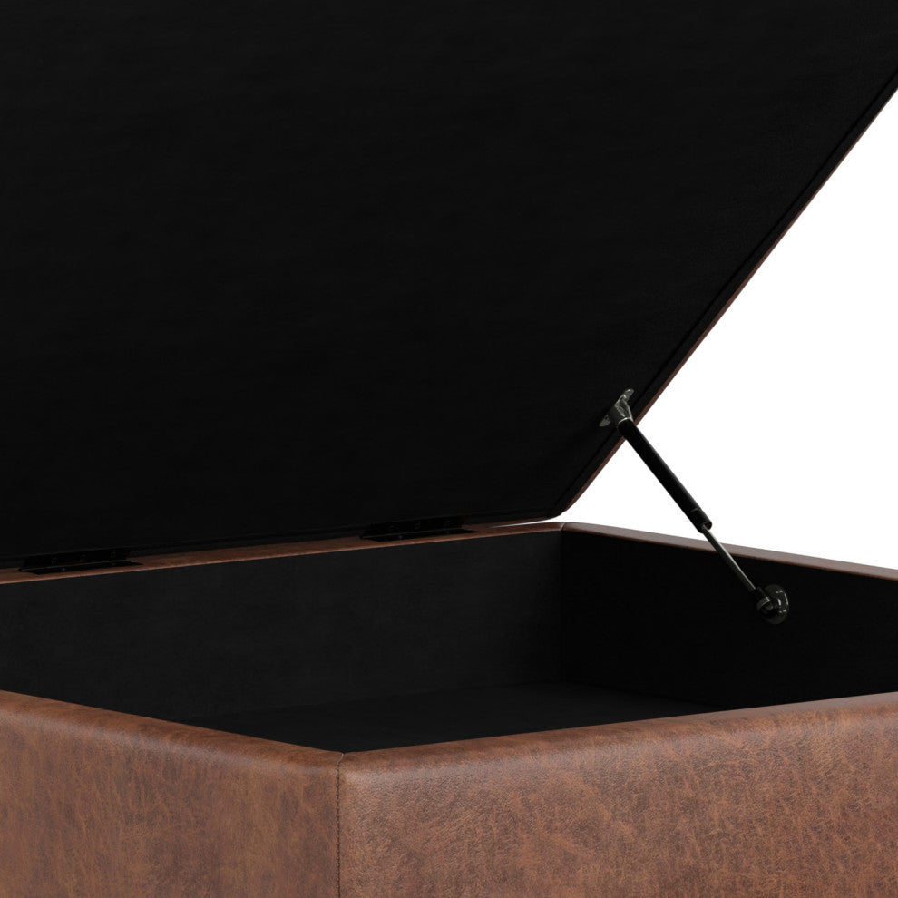 Shiloh Square Storage Ottoman, Distressed Saddle Brown Vegan Faux Leather