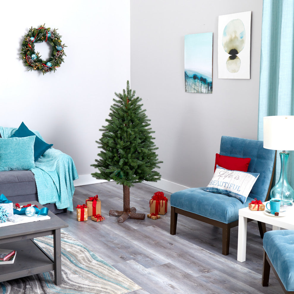 5' Napa Valley Pine Faux Xmas Tree W/Lights, Bendable Branches, Wood Stand