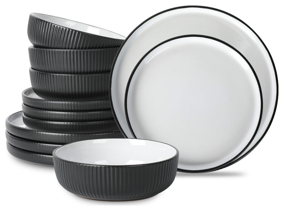 Christian Siriano Laro Stoneware 12 Piece Dinnerware Set, Black