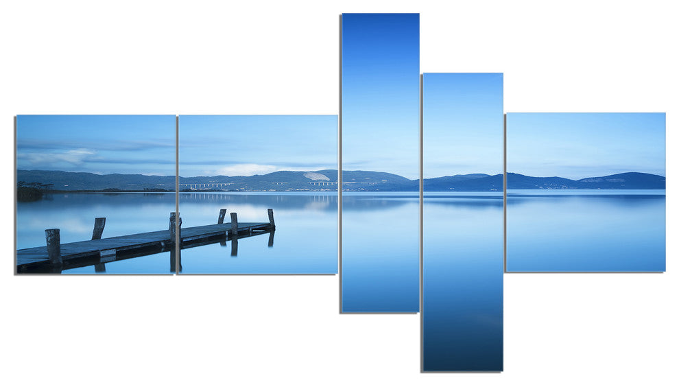 Bright Blue Sky with Pier, Seascape Canvas Art Print, 60"x32", 5 panels