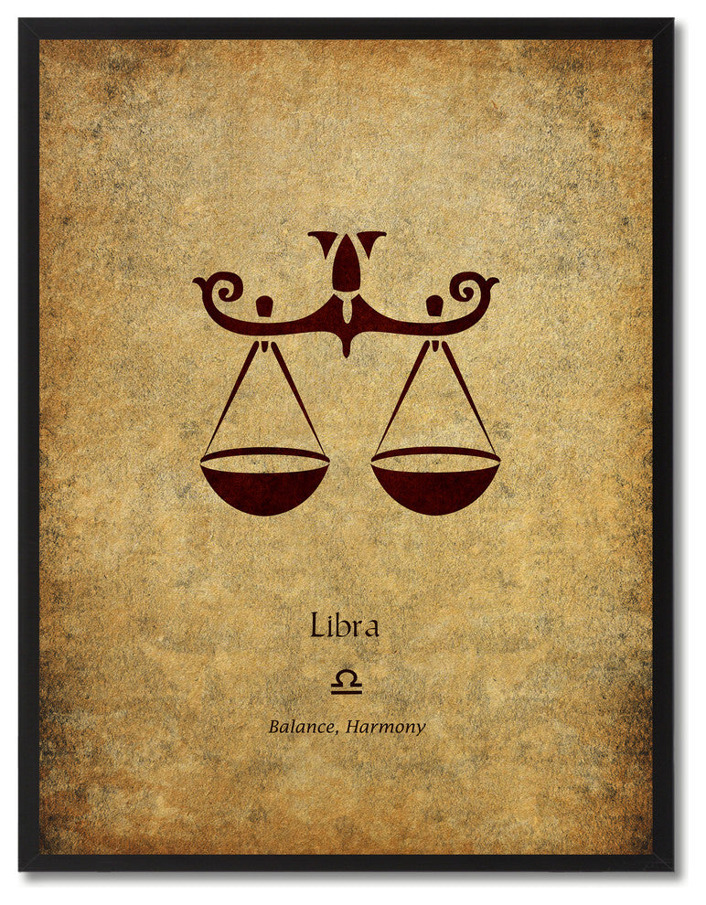 Libra Horoscope Astrology Brown Print on Canvas with Picture Frame, 28"x37"
