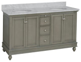 Bella 60" Bathroom Vanity, Weathered Gray, Carrara Marble, Double Vanity