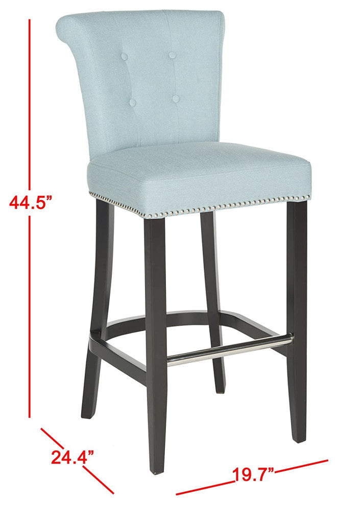 Contemporary Bar Stool, Polyester Seat With Button Tufted Rolled Back, Sky Blue