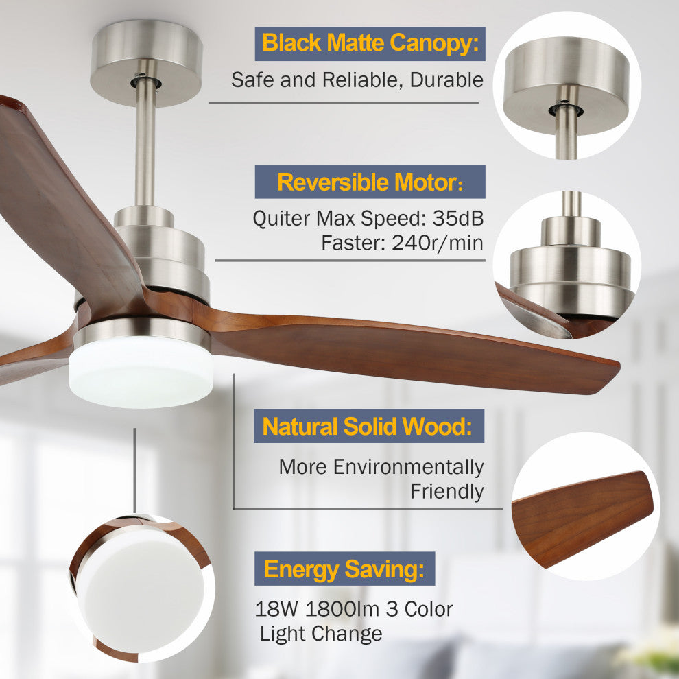 52" Wood Ceiling Fan With Light and Remote Control
