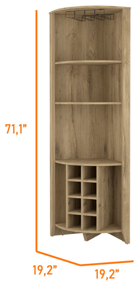 Bouvet Corner Bar Cabinet with 3 Shelves, 8 Wine Cubbies and Cup Rack, Macadamia