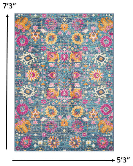5' X 7' Blue And Orange Floral Power Loom Area Rug