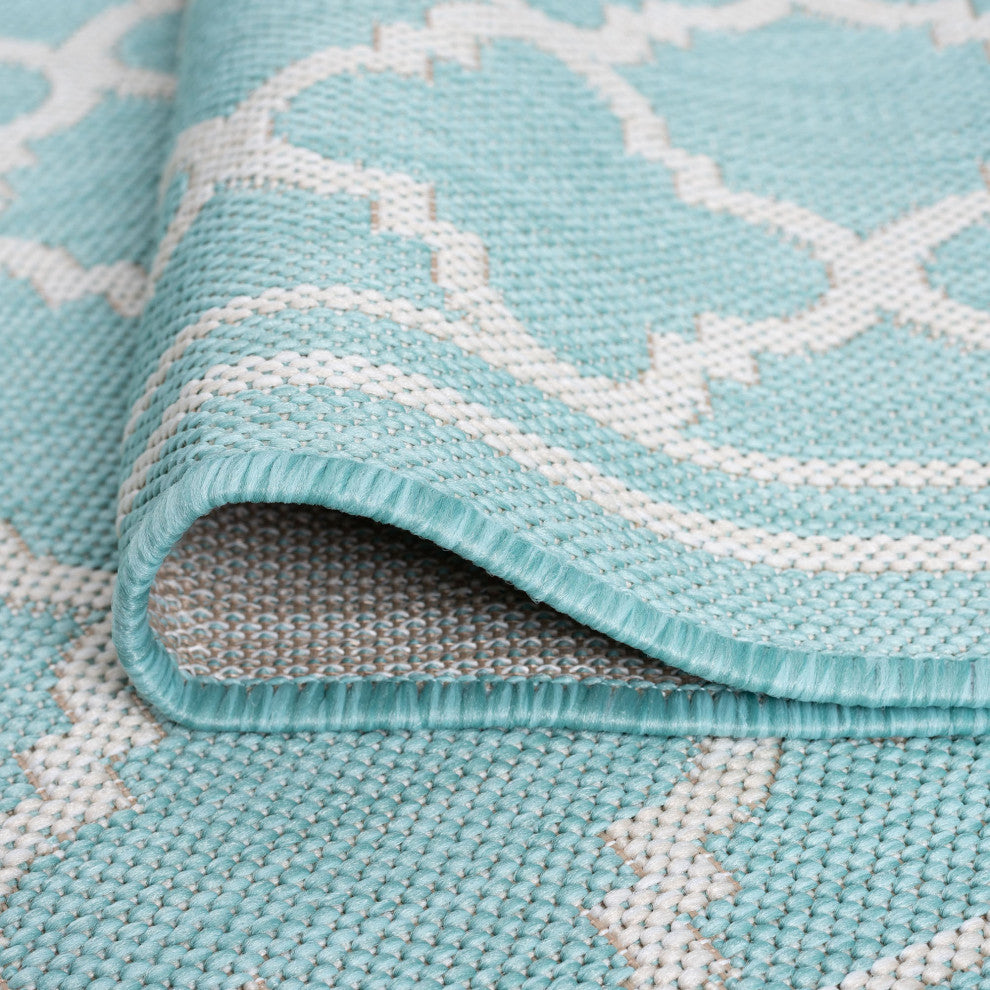Shaila Transitional Geometric Aqua/Cream Indoor/Outdoor Area Rug, 8'x10'