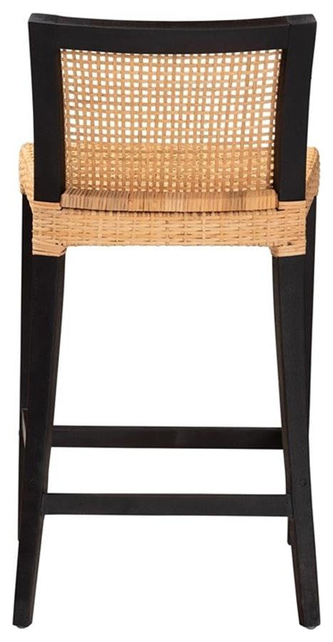 Baxton Studio Lingga Dark Brown Mahogany Wood and Natural Rattan Counter Stool