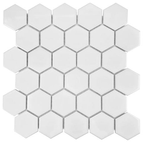 Gio White Glossy 2" Hexagon Porcelain Mosaic Tile, 11 Sheets