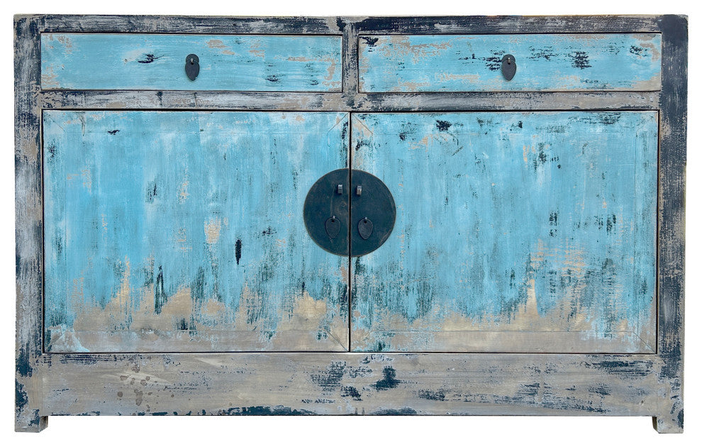 Distressed Black Rim Light Blue Doors Credenza Sideboard Console Table Hws4358