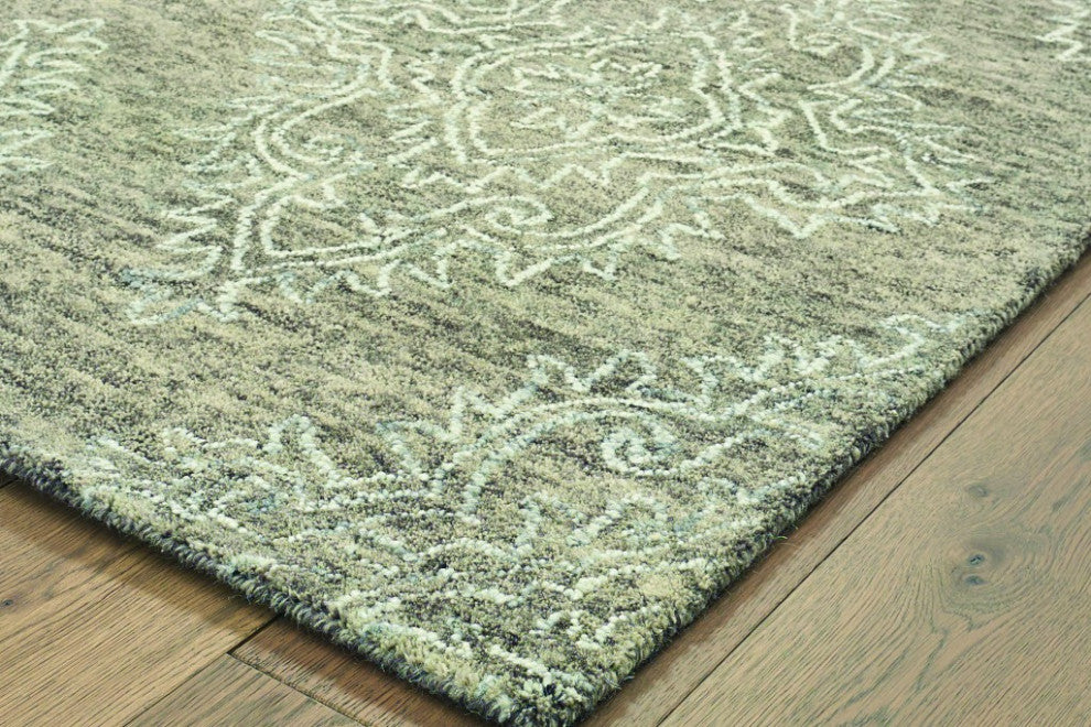 5" x 8" Khaki and White Damask Area Rug