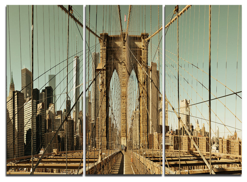 "Manhattan Bridge in New York Brown" Metal Wall Art, 3 Panels, 36"x28"