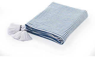 Ivory Striped Throw Blanket with Tassels, Blue/Ivory