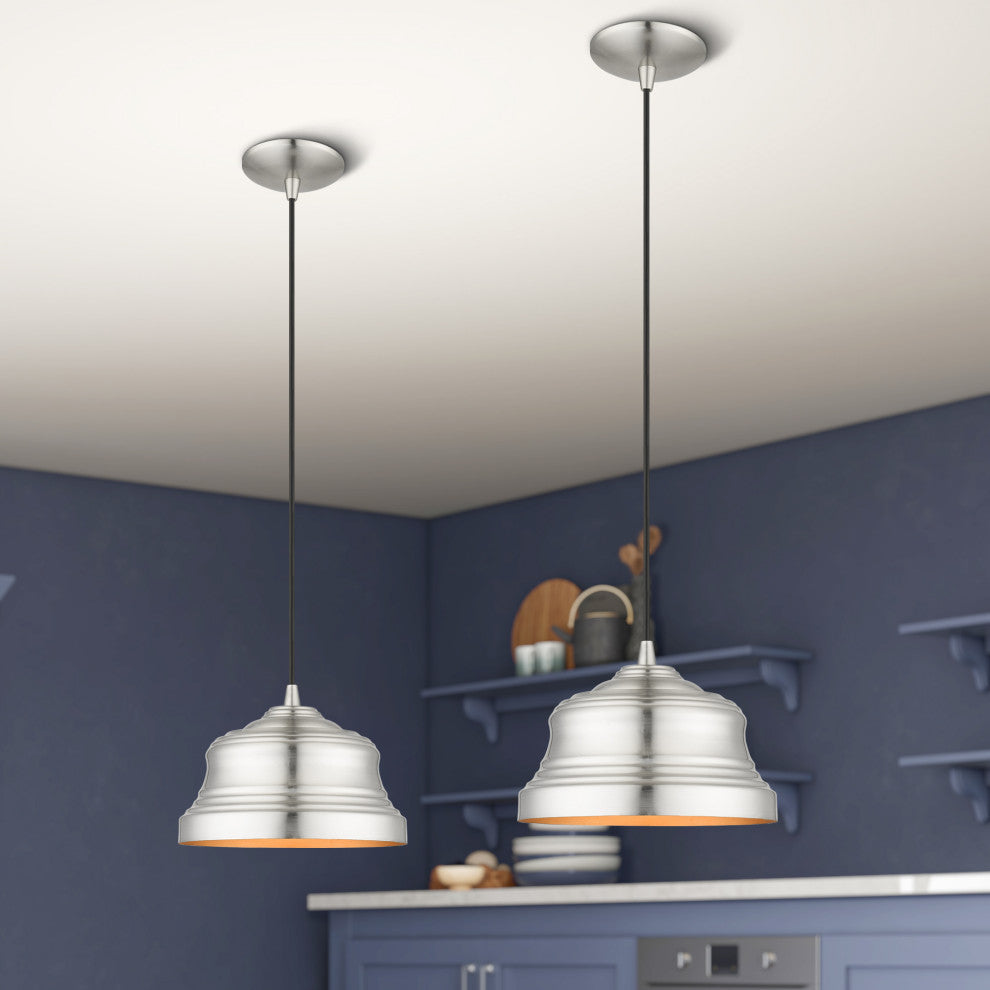 Endicott 1-Light Brushed Nickel Bell Pendant, Gold Inside