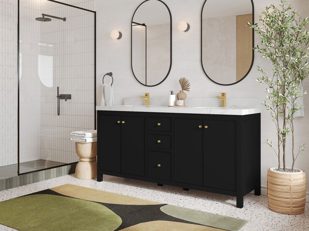 Chicago 72" Double Sink Bathroom Vanity, Black 2" White Quartz