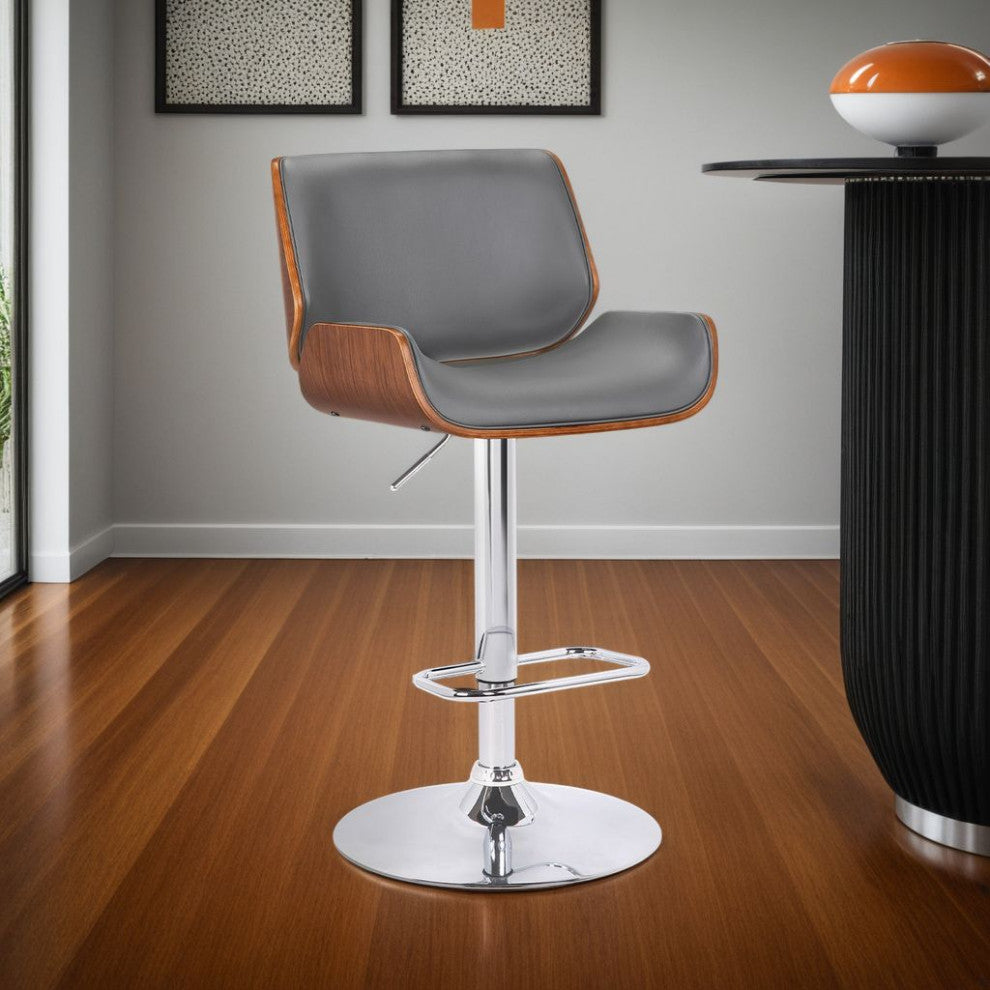 London Contemporary Swivel Barstool in Grey Faux Leather - Chrome & Walnut Wood