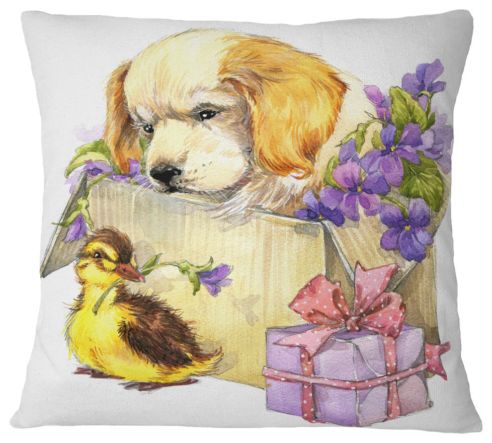 Cute Puppy Dog and Duck Contemporary Animal Throw Pillow, 18"x18"