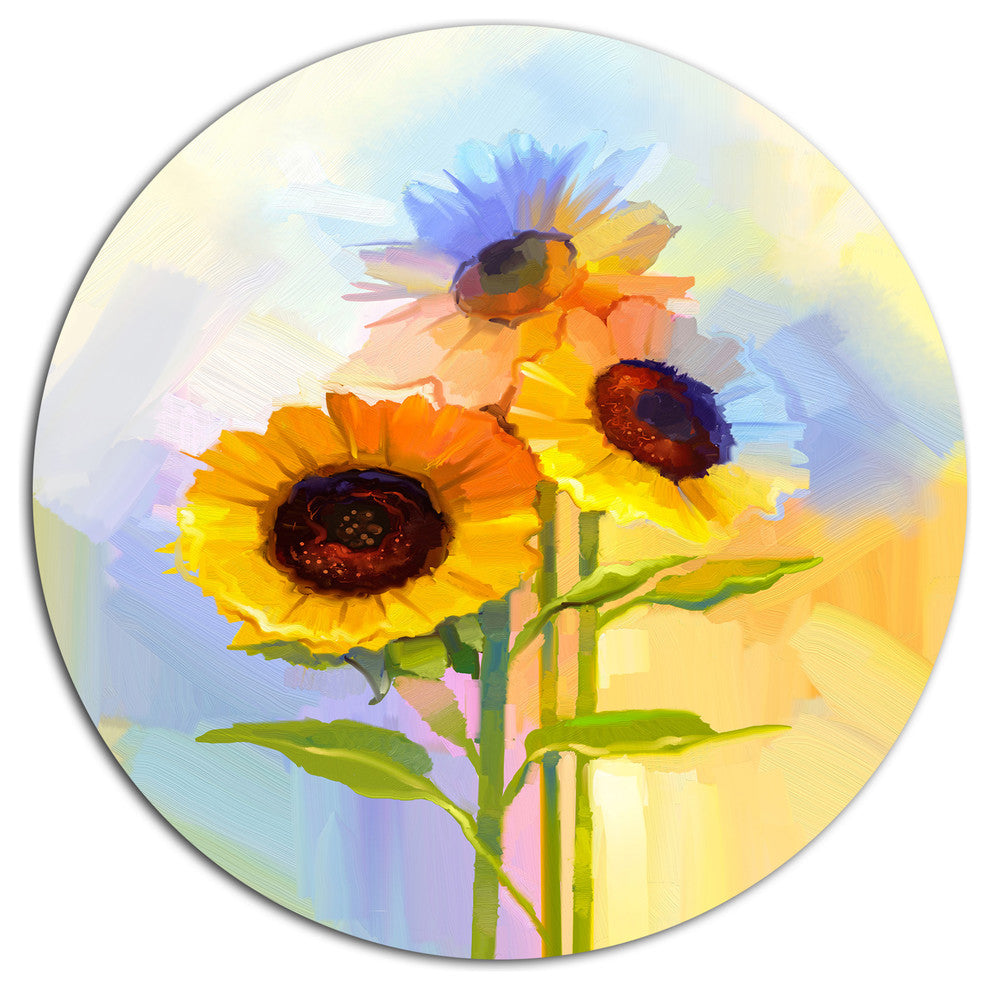 Yellow Sunflowers With Green Leaves, Flower Disc Metal Wall Art, 11"