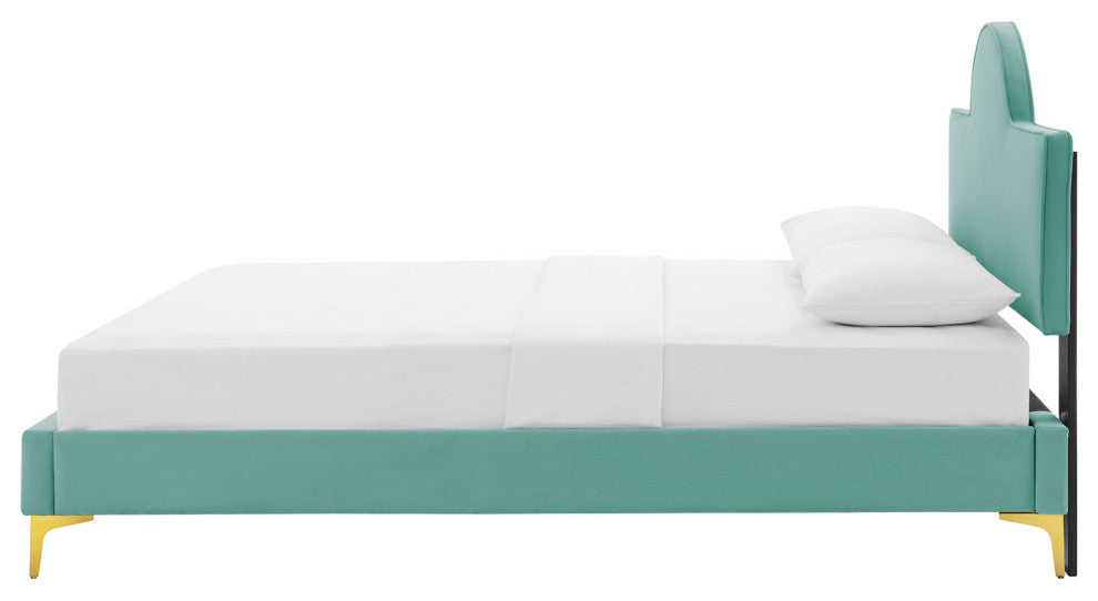 Platform Bed Frame, Queen Size, Blue, Velvet, Modern, Bedroom Guest Suite