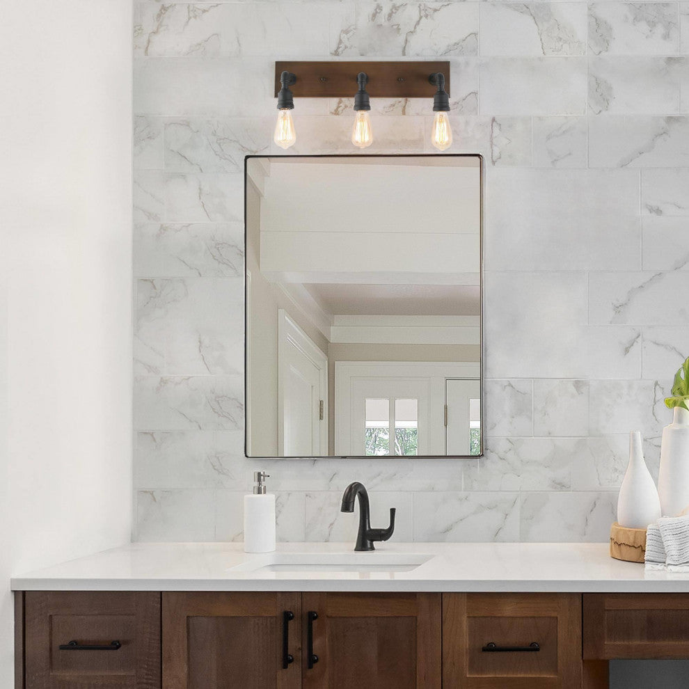 LALUZ 3-Light Black and Brown Water Pipe Farmhouse Bathroom Vanity Lights