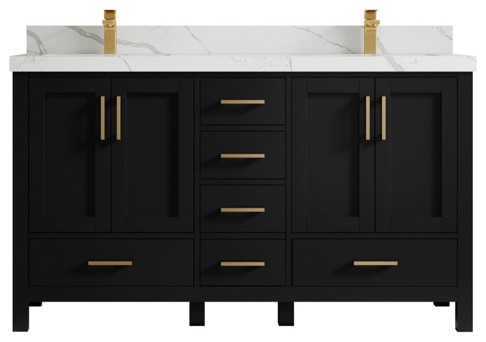 Malibu 60 Double Sink Bathroom Vanity in Black 2" Calacatta Laza