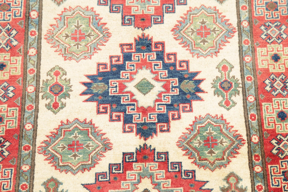 Kazak Oriental Traditional Hand Made Area Rug Pakistani, Beige, 4'9"x3'4
