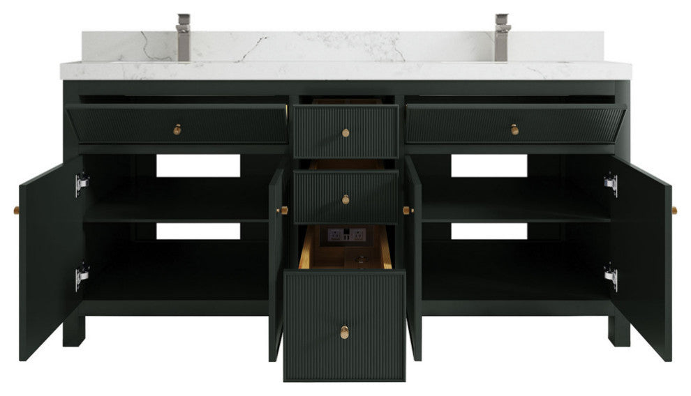Sonoma 72 Double Sink Reeded Bath Vanity in Dark Forest Green 2" Calacatta Nuvo