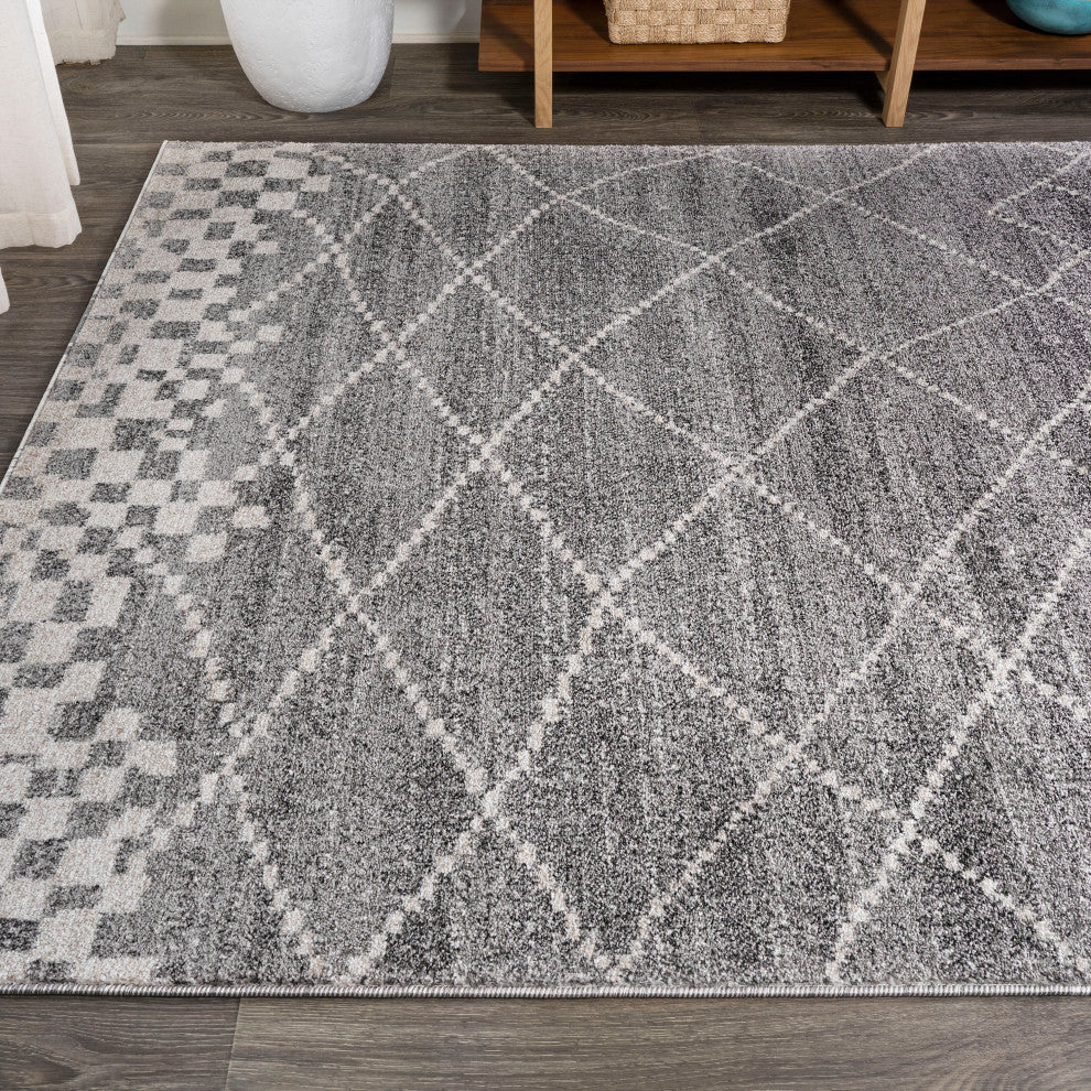 Asilah Moroccan Modern Diamond Runner Rug, Gray, 3'x5'