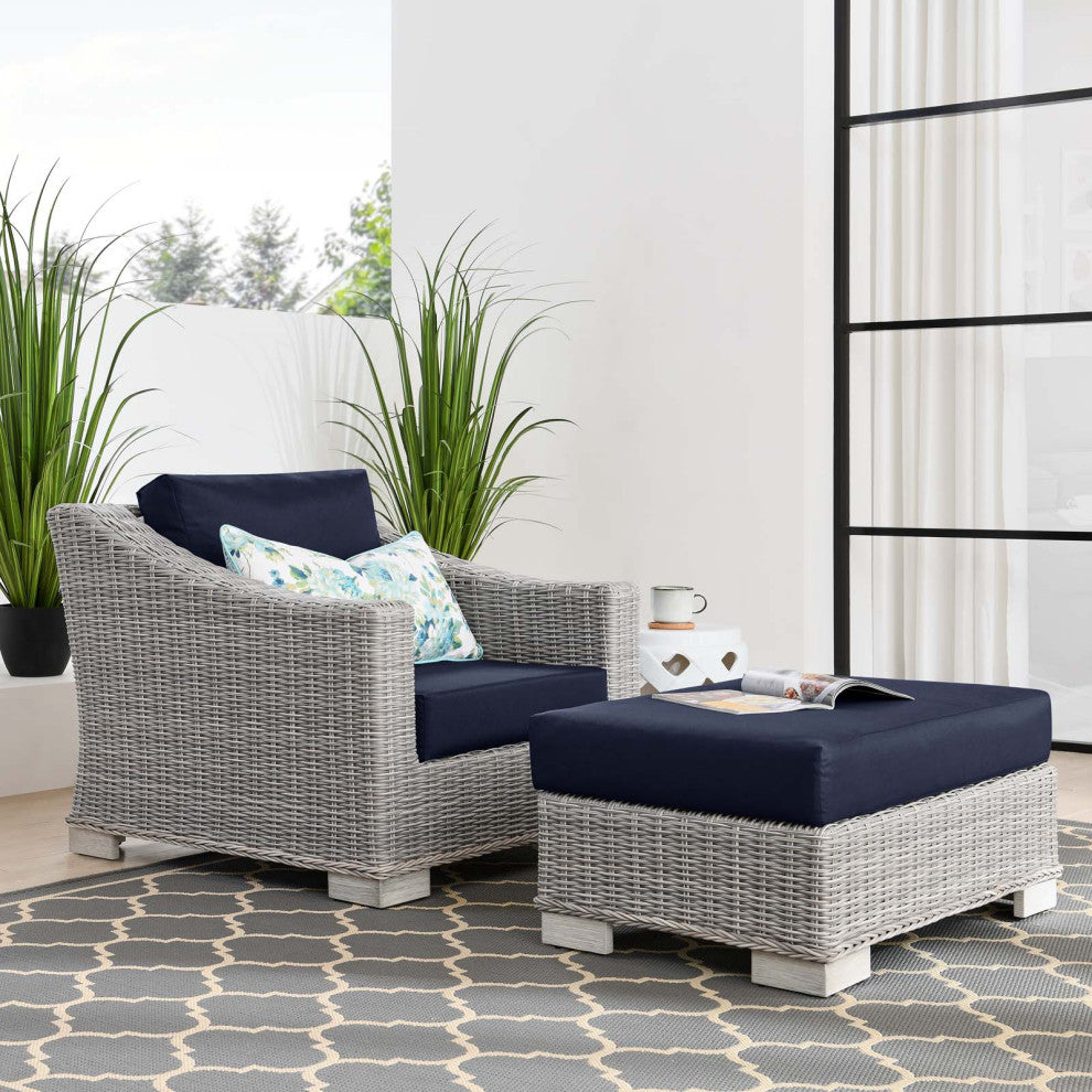 Side Chair Armchair and Ottoman, Rattan, Wicker, Gray Blue Navy, Outdoor
