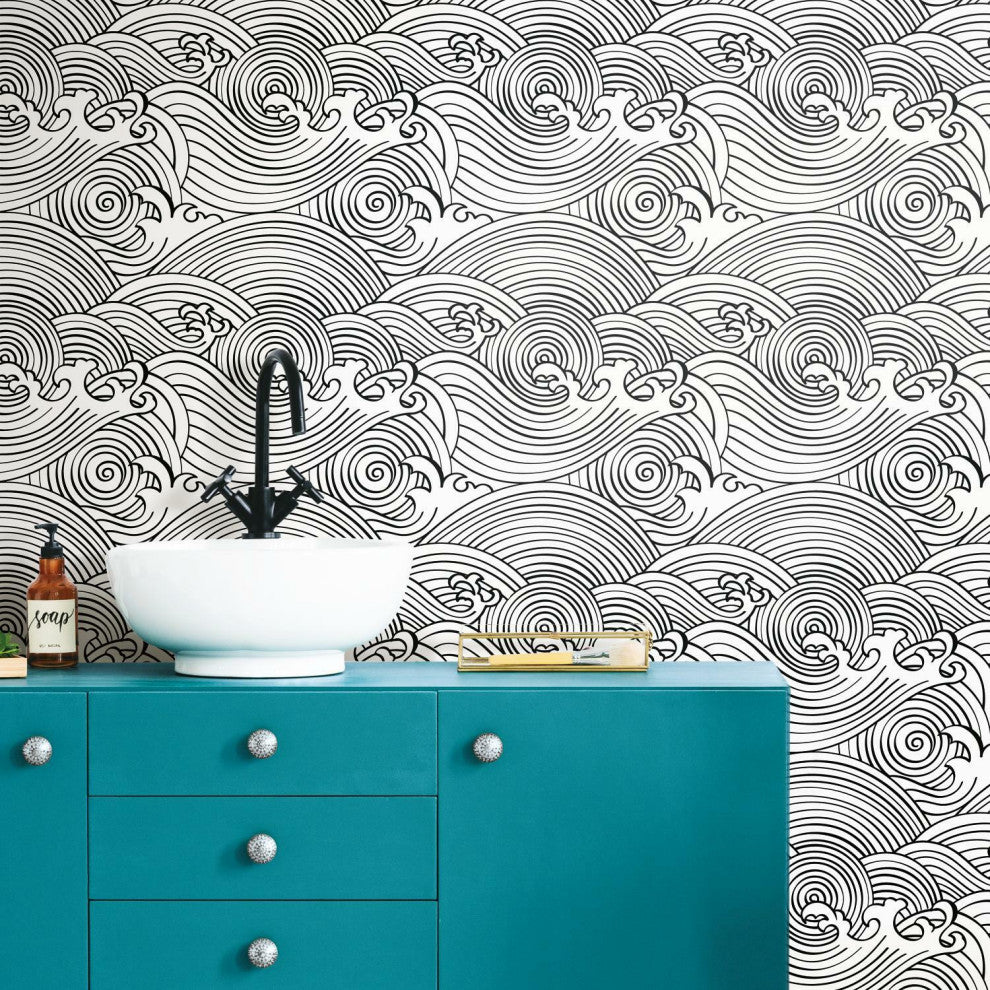 Black & White Asian Waves Peel & Stick Wallpaper