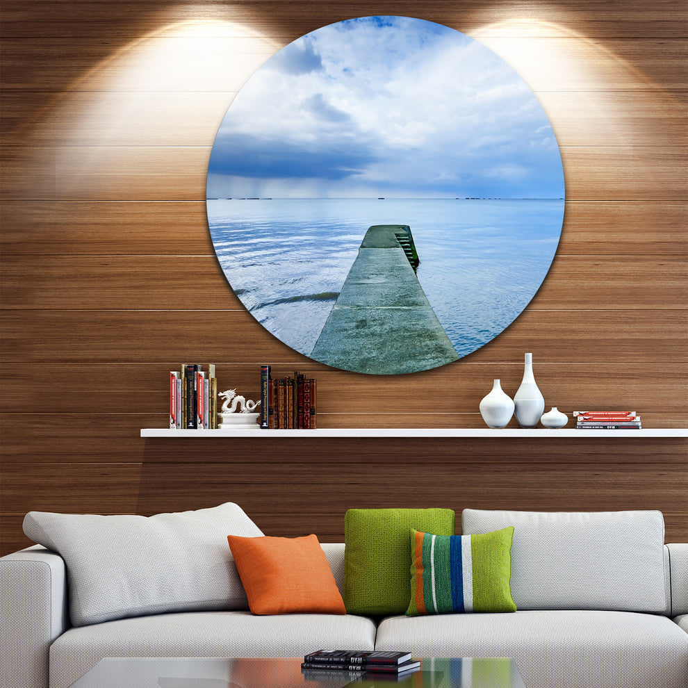 Concrete Pier Under Cloudy Sky, Seascape Photo Round Metal Artwork, 36"