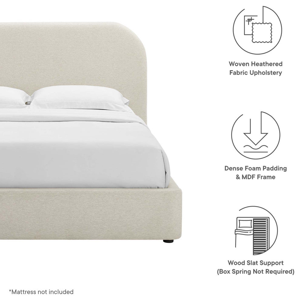 Keynote Upholstered Fabric Curved King Platform Bed, Heathered Weave Ivory