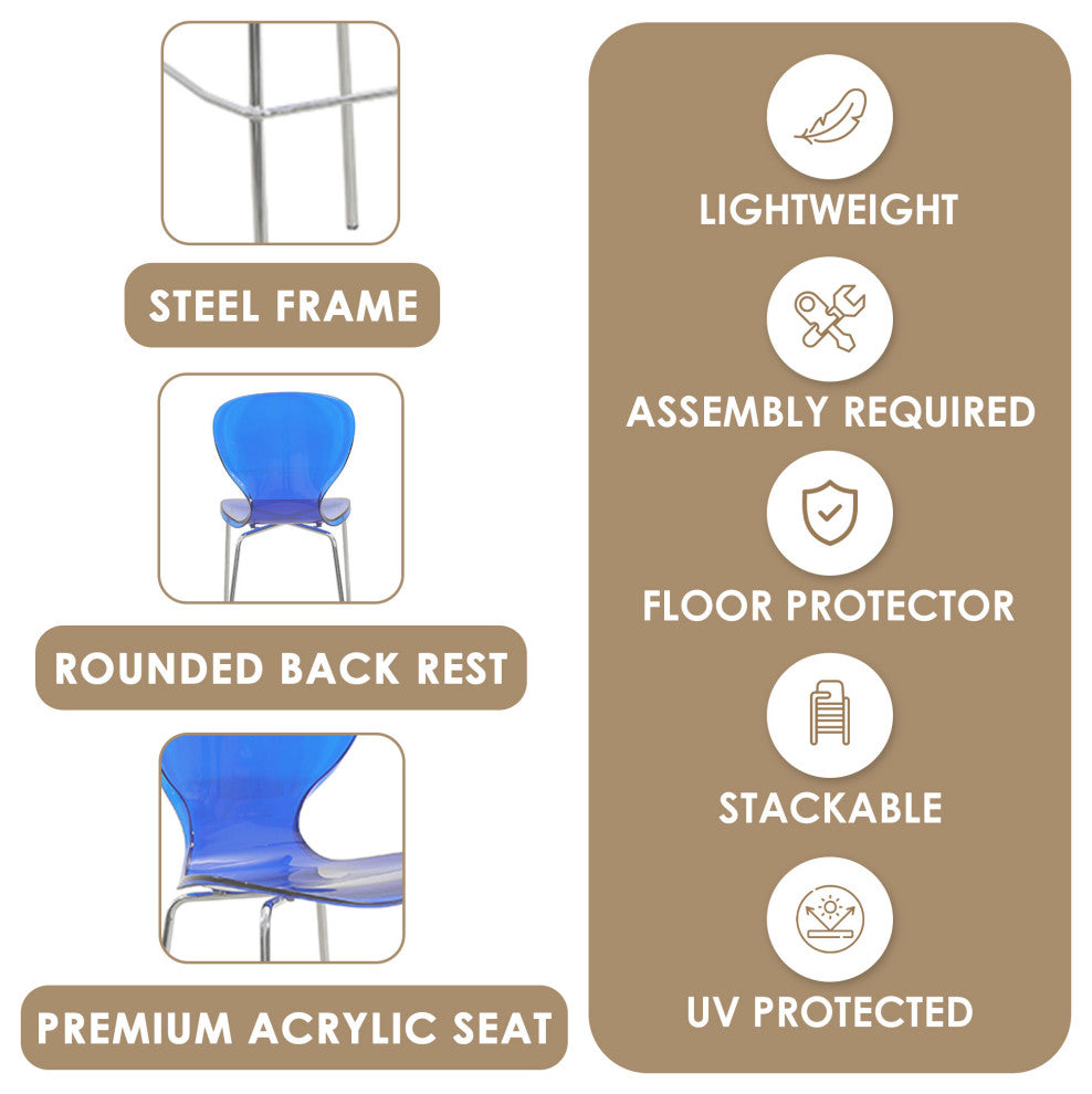 LeisureMod Oyster Acrylic Barstool With Steel Frame Set of 2, Transparent Blue